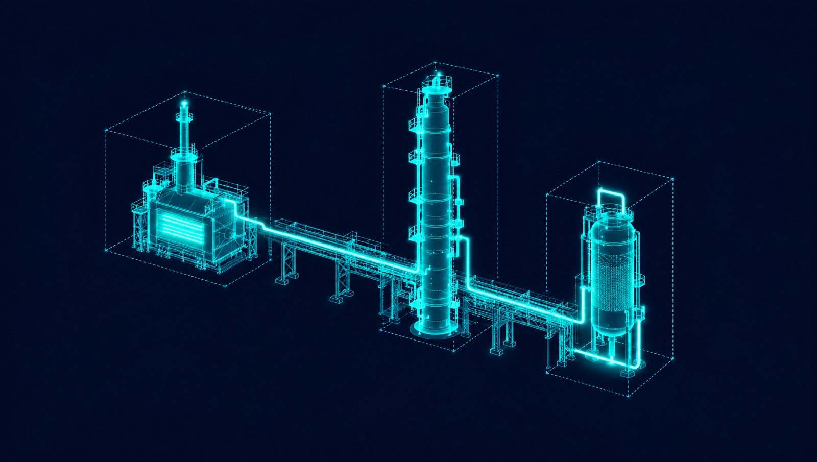Wireframe drawing of a process unit wrapped in glowing operating envelopes on a dark background