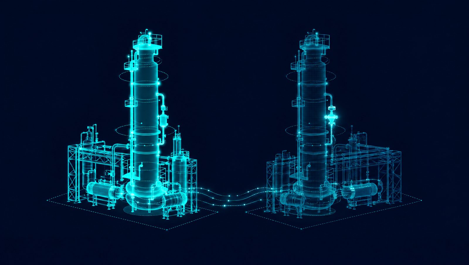 Wireframe drawing of a process unit beside a simulated twin of the same unit on a dark background