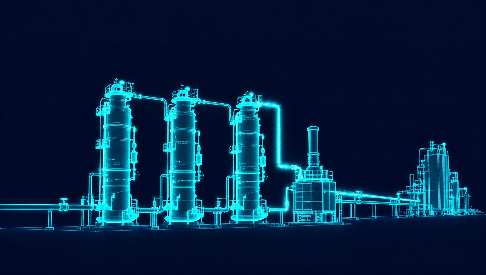 Wireframe illustration of three molecular sieve dehydration vessels and a regeneration gas heater ahead of an LNG train