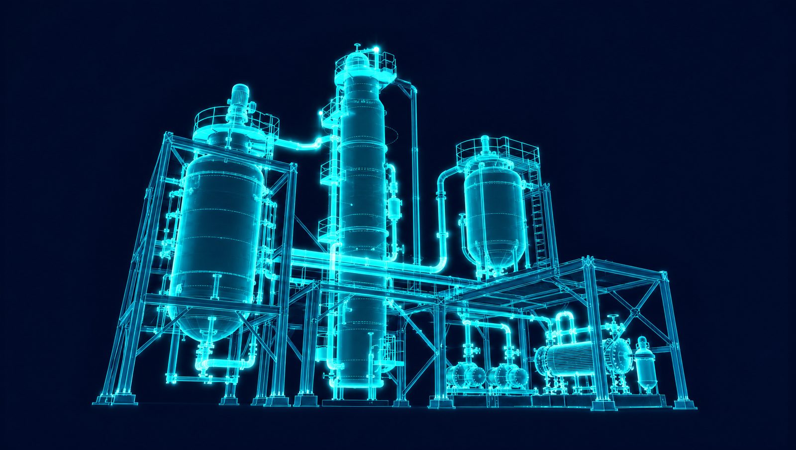 Wireframe rendering of a chemical production unit with reactor, columns and utilities