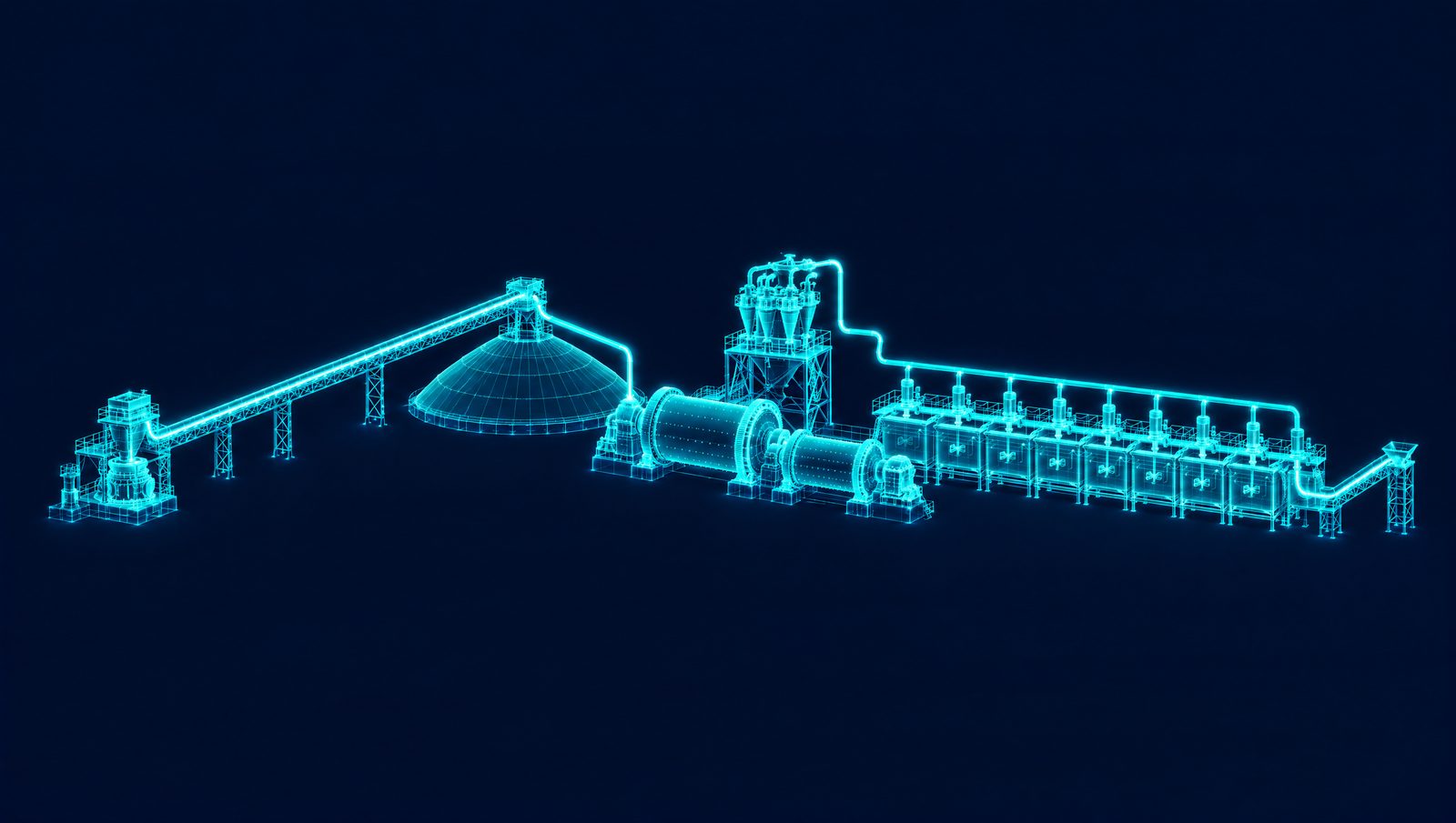 Wireframe rendering of a mineral concentrator with grinding mills and flotation cells