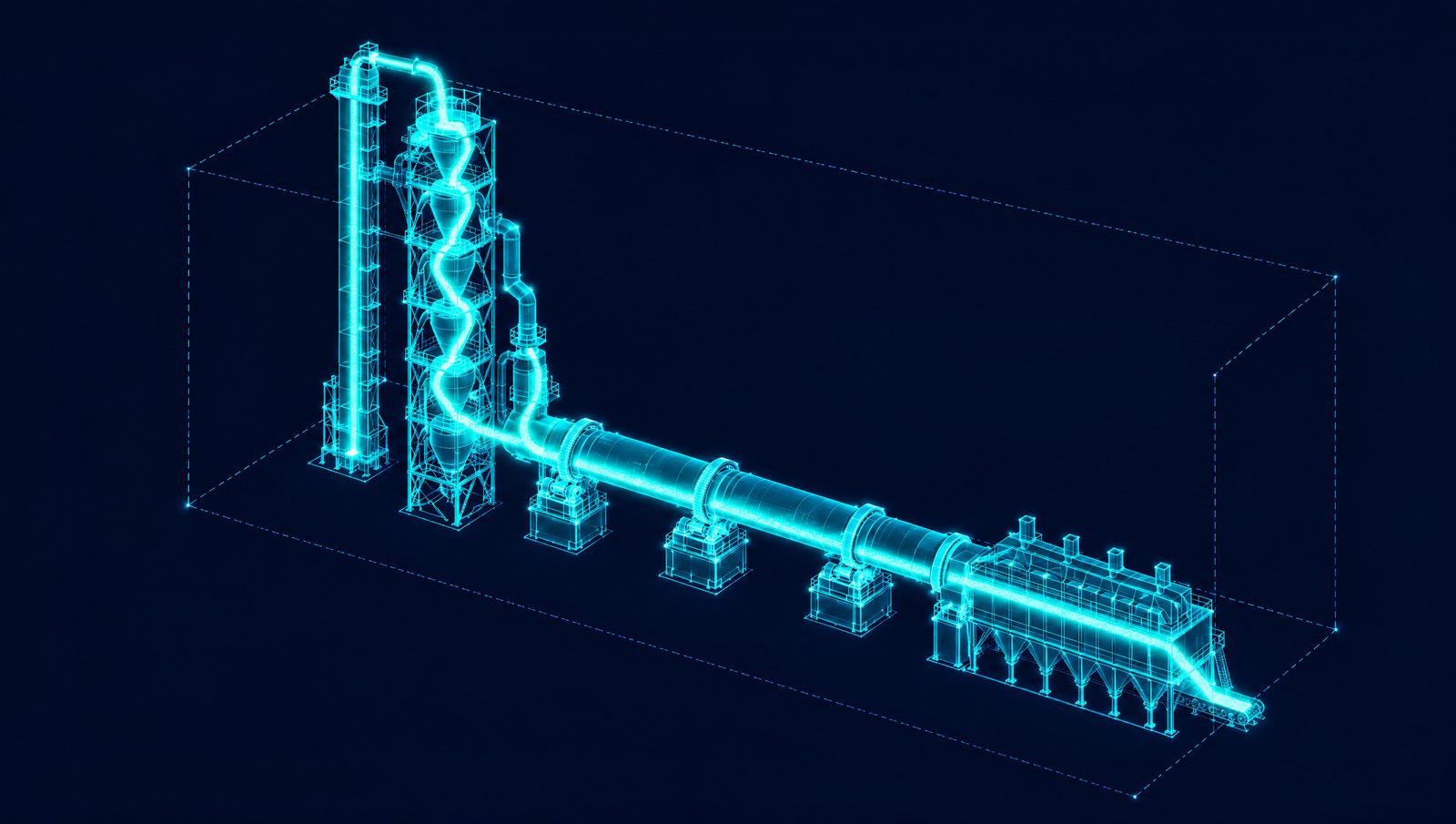 Wireframe illustration of a cement line with bucket elevator, cyclone preheater, calciner, rotary kiln and clinker cooler