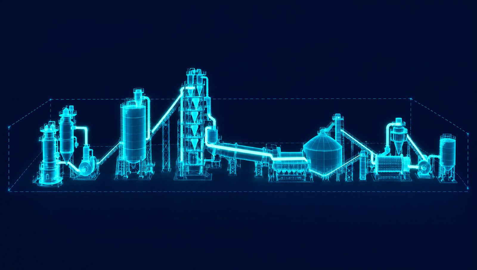 Wireframe illustration of a complete cement plant with raw mill, preheater tower, kiln, silos and finish mill