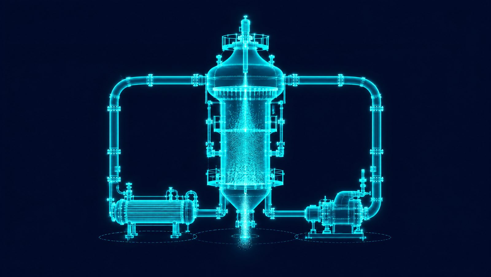 Wireframe gas-phase polymer reactor with its recycle gas loop, cooler and catalyst feed
