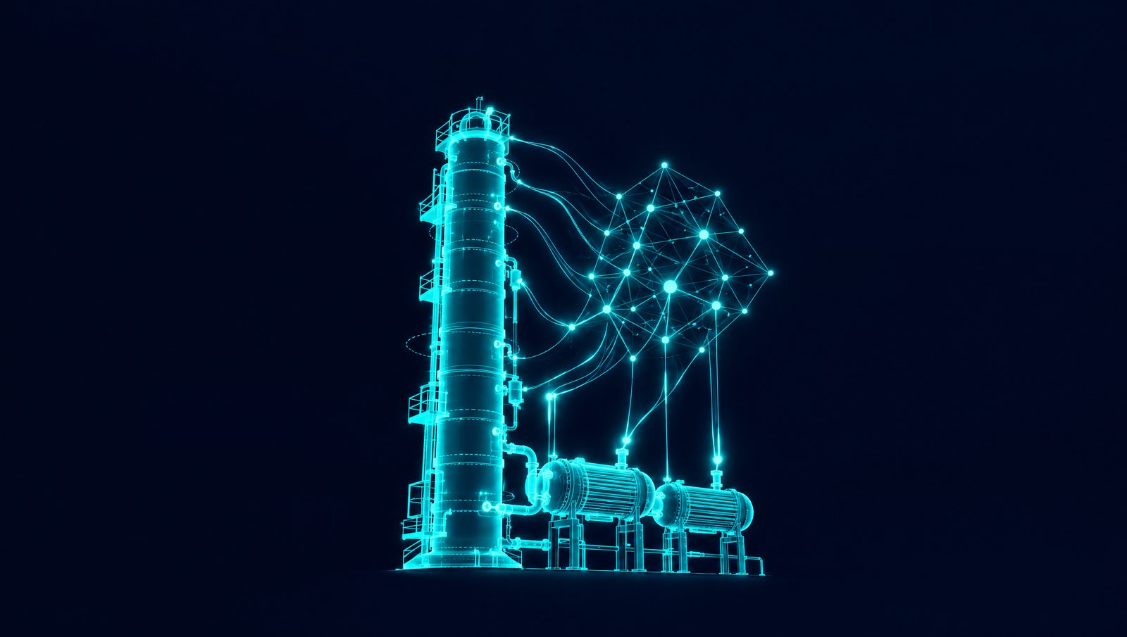 Wireframe distillation column and heat exchangers feeding data streams into a model canvas of connected nodes
