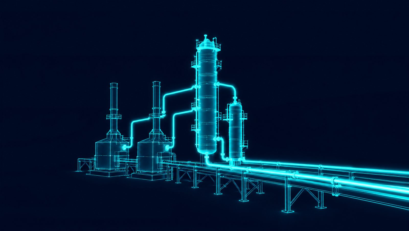 Wireframe illustration of a crude unit with two fired heaters, atmospheric and vacuum columns and rundown lines