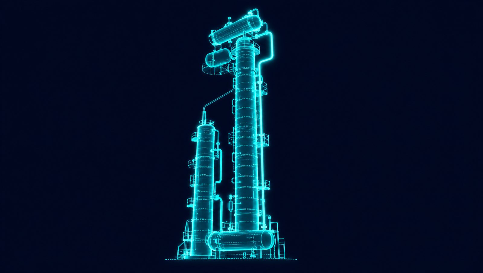 Wireframe rendering of a propylene recovery unit with a tall C3 splitter, reboiler and overhead condenser