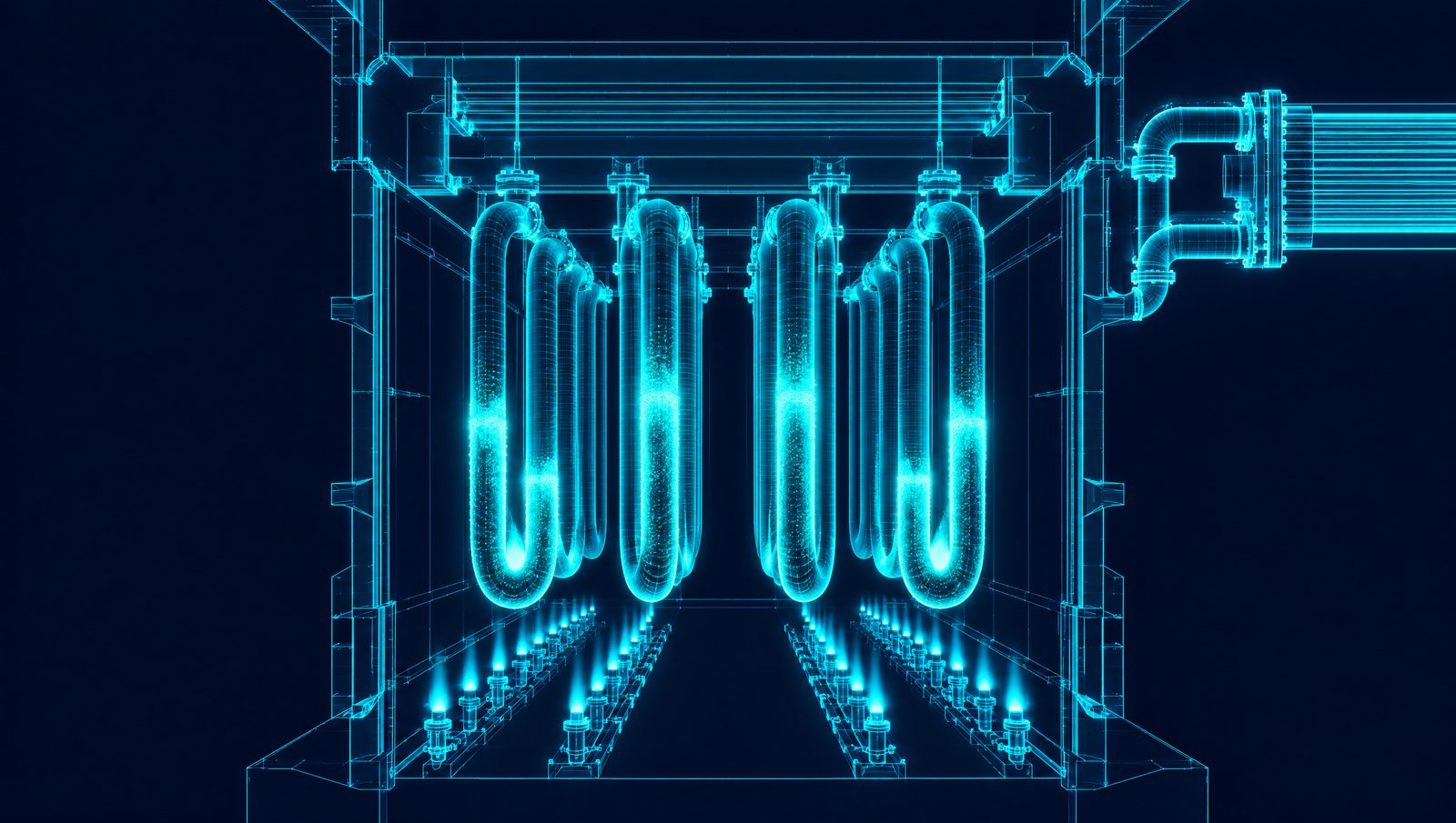 Wireframe rendering of an ethylene pyrolysis furnace with radiant coils, convection section and transfer-line exchanger