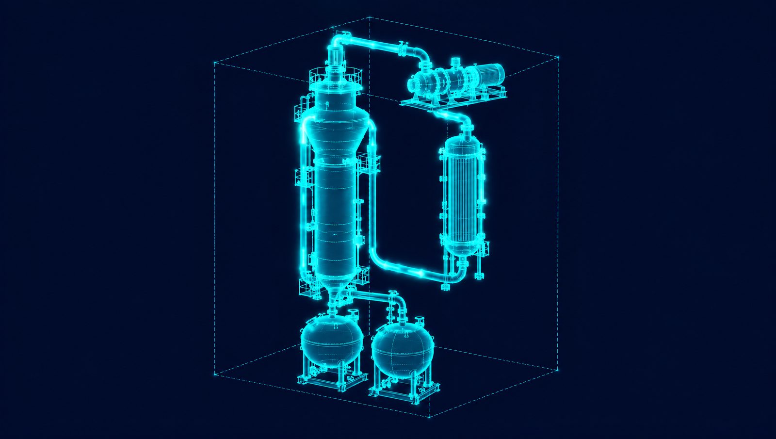 Wireframe rendering of a gas-phase polyethylene reactor loop with cycle gas compressor, cooler and product discharge