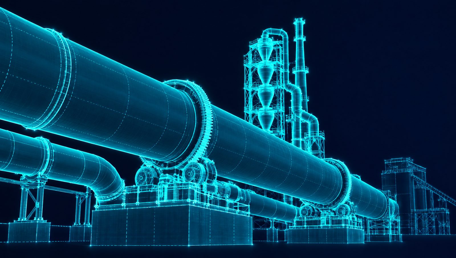 Wireframe illustration of a cement kiln shell with riding ring, support rollers, girth gear and tertiary air duct