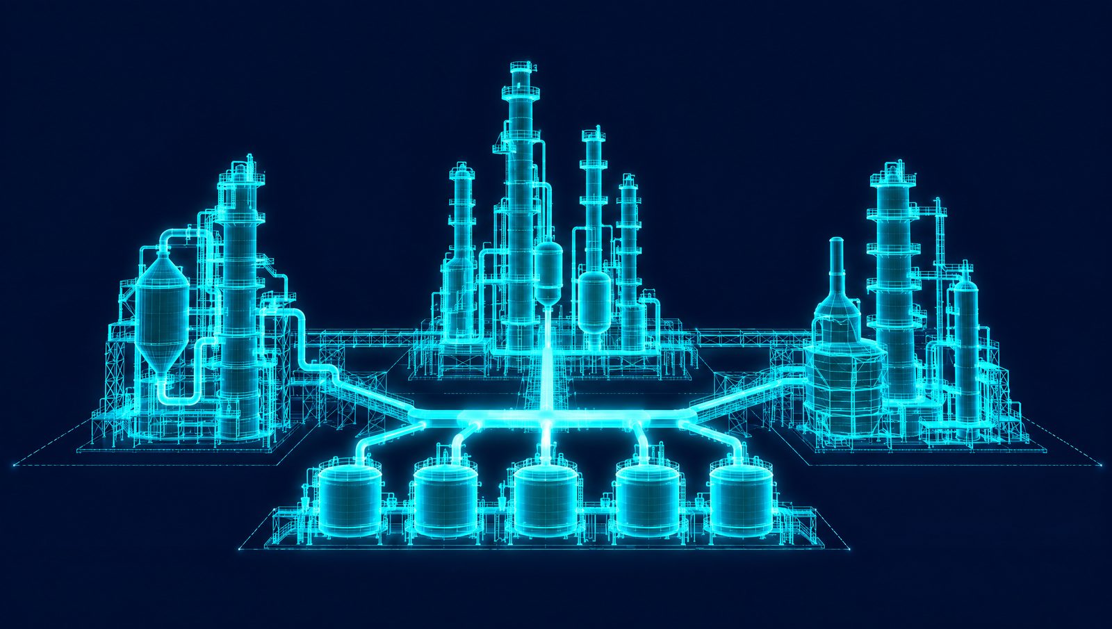 Wireframe illustration of a catalytic cracker, hydrocracker and reformer feeding a gasoline blend header and product tanks