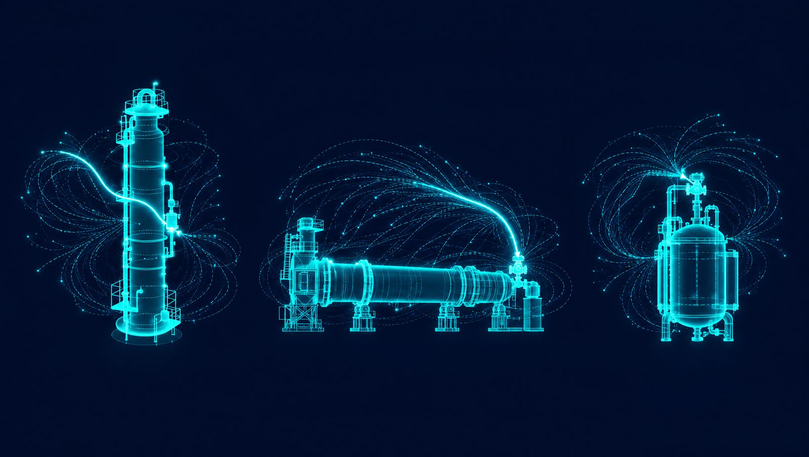 Wireframe rendering of a fractionator, a rotary kiln and a reactor surrounded by simulated operating trajectories