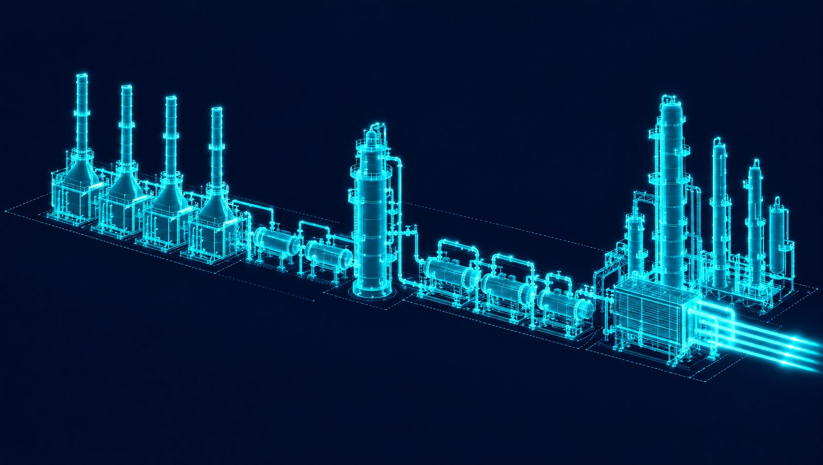 Wireframe illustration of an ethylene cracker with furnaces, quench tower, cracked gas compressors, cold box and fractionation columns
