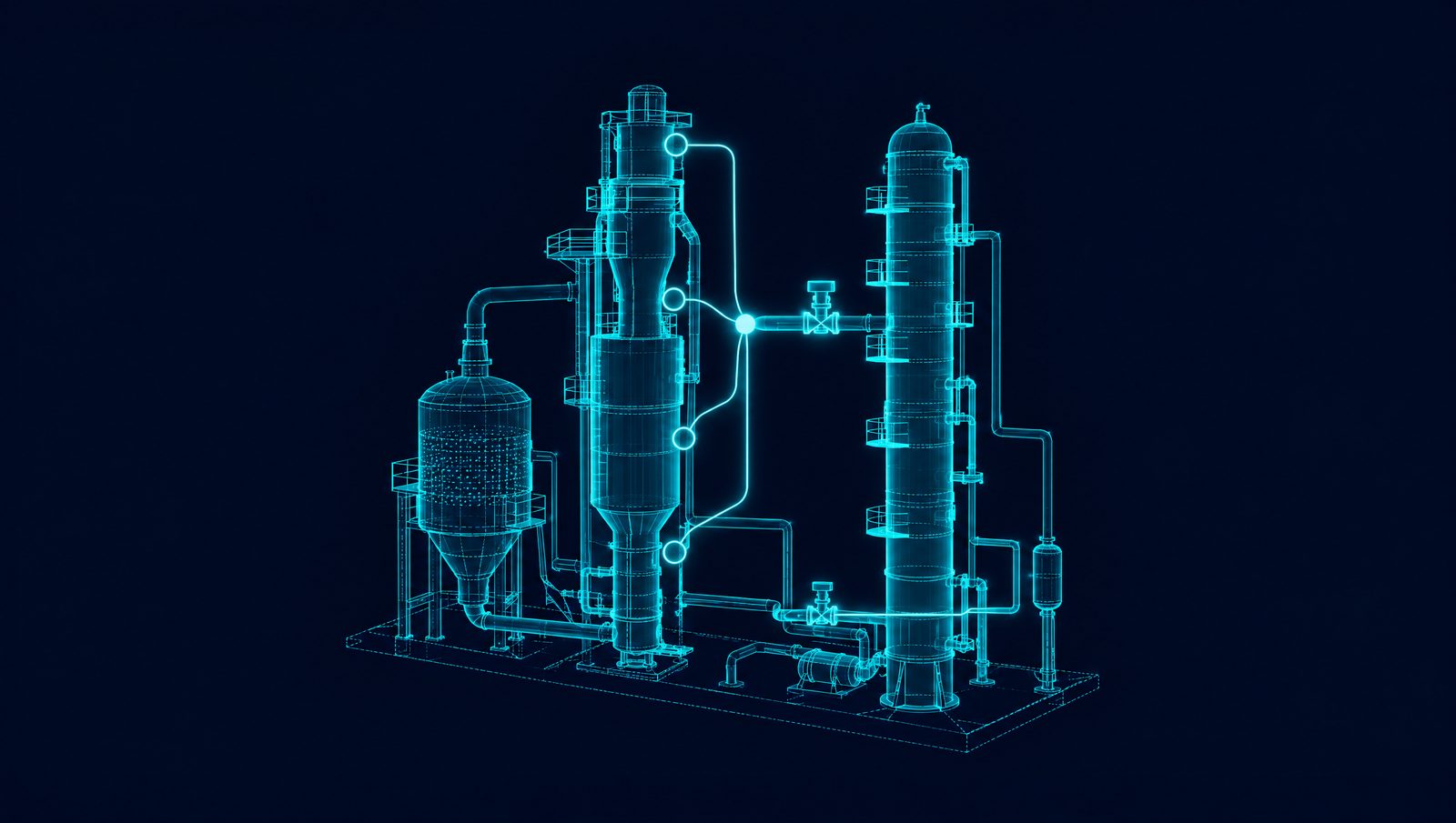 Wireframe illustration of an FCC reactor, regenerator and fractionator with one control loop of signal lines