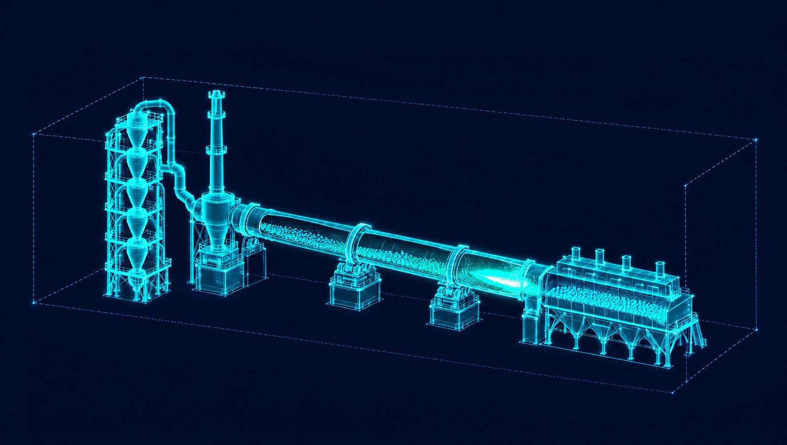 Wireframe illustration of a cutaway cement preheater tower, calciner, rotary kiln and grate clinker cooler
