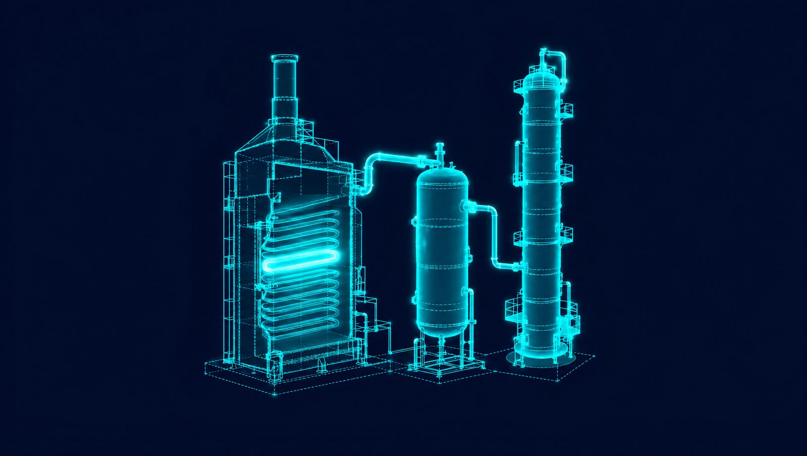 Wireframe illustration of a thermal cracking heater in cutaway with radiant coils, soaker drum and fractionator