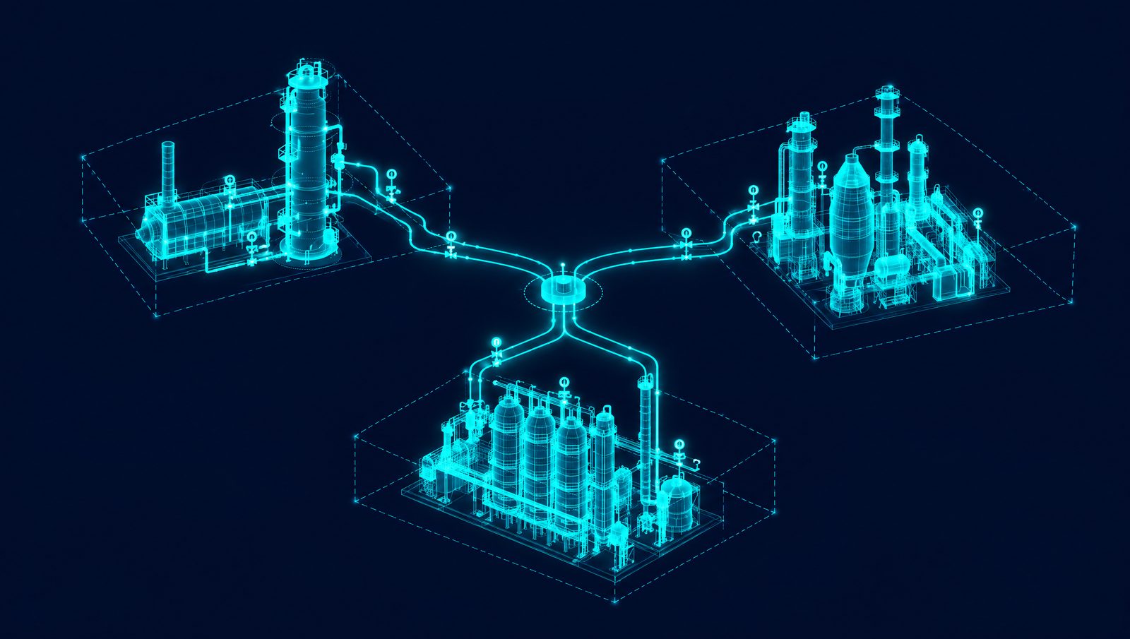 Wireframe illustration of a crude unit, catalytic cracker and reformer linked by signal lines to one central node
