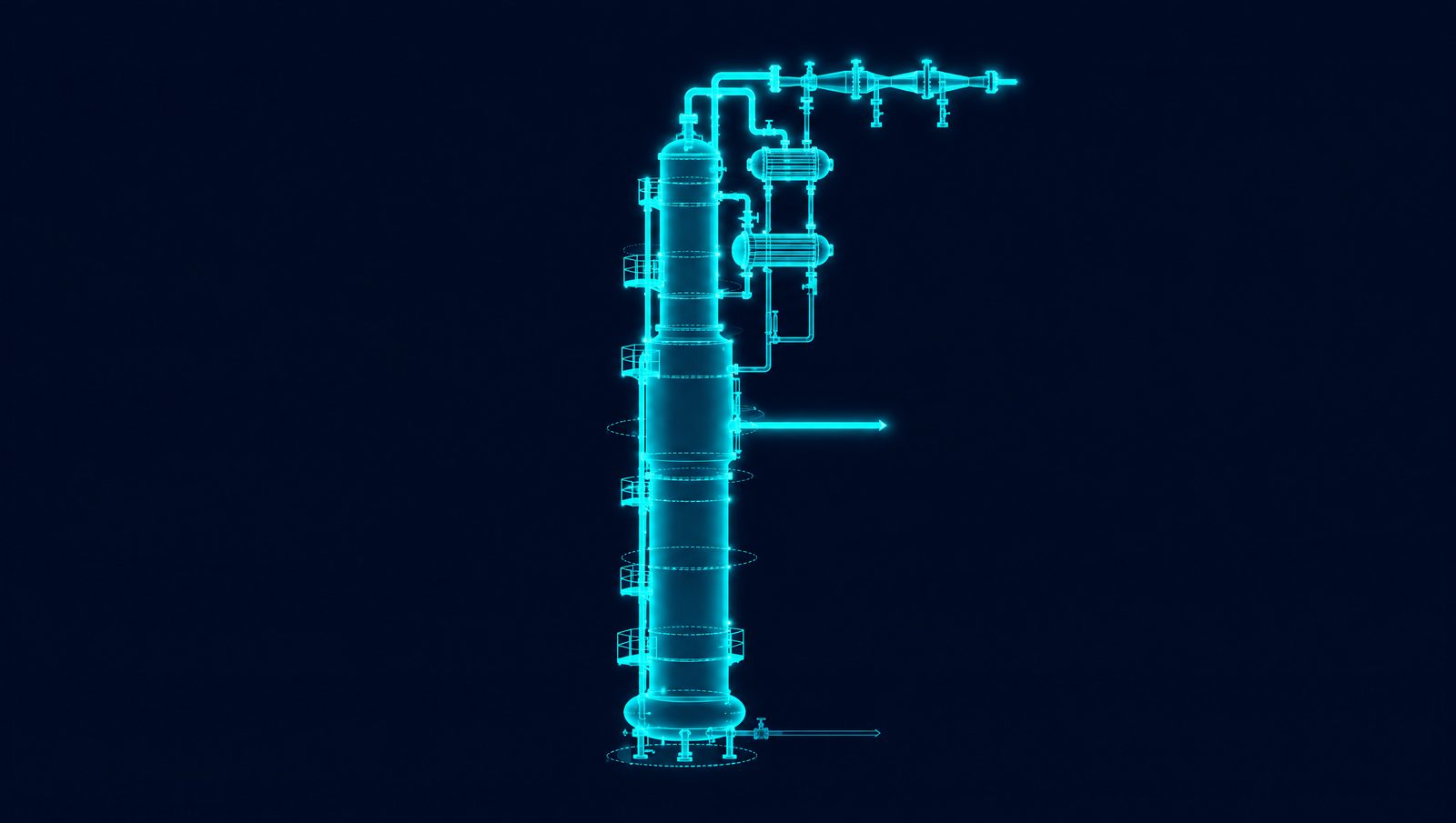 Wireframe illustration of a vacuum distillation column with overhead steam ejectors and interstage condensers