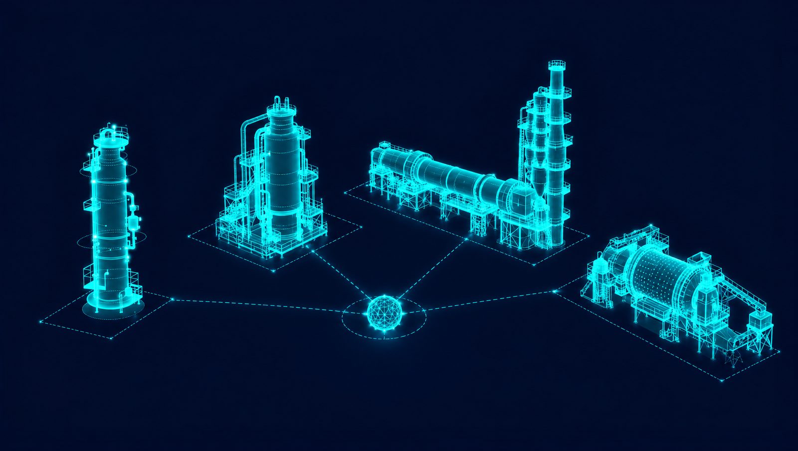 Wireframe illustration of a distillation column, a polymer reactor, a cement kiln and a grinding mill linked to one process model