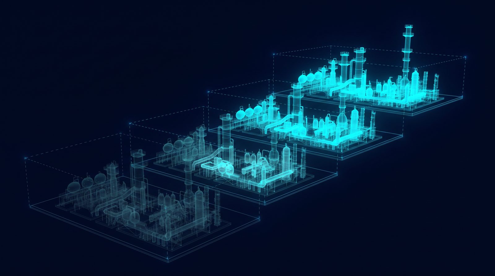 Wireframe rendering of four rising platforms, each holding a process plant more lit and connected than the last