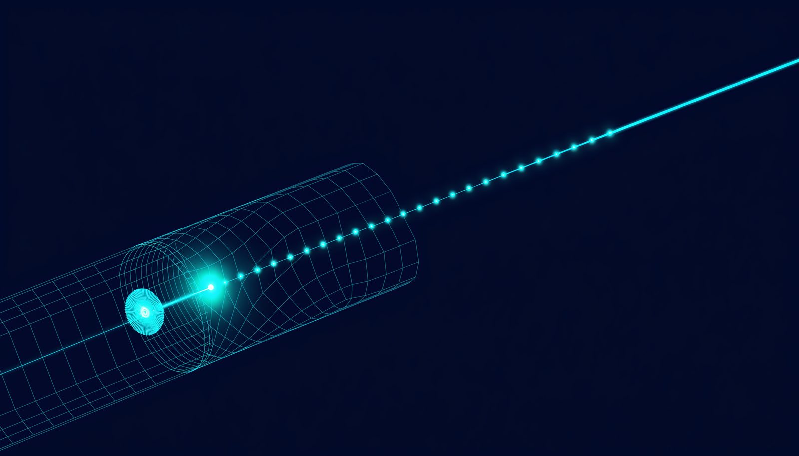 A single beam of light leaving a wireframe tube and running into the distance