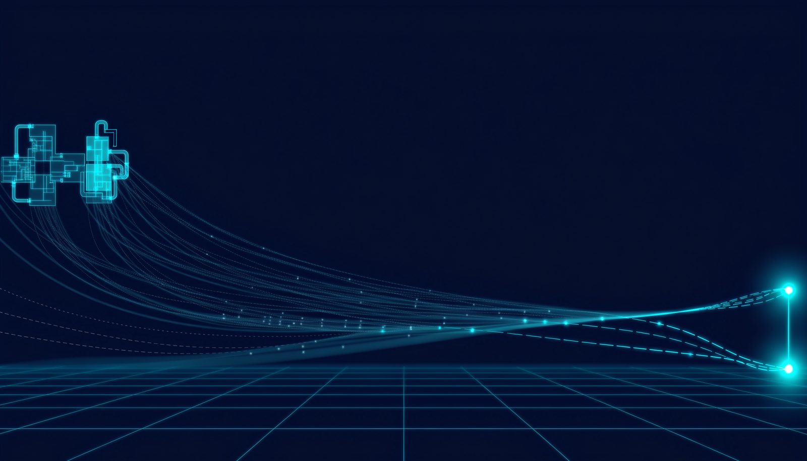 Many trajectories across a grid converging on one bright point