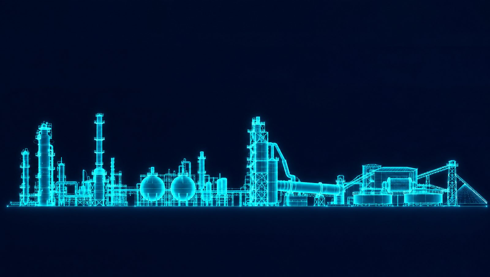 Wireframe skyline of a refinery, a chemical plant, a cement kiln and a mineral concentrator in teal linework on a dark navy background