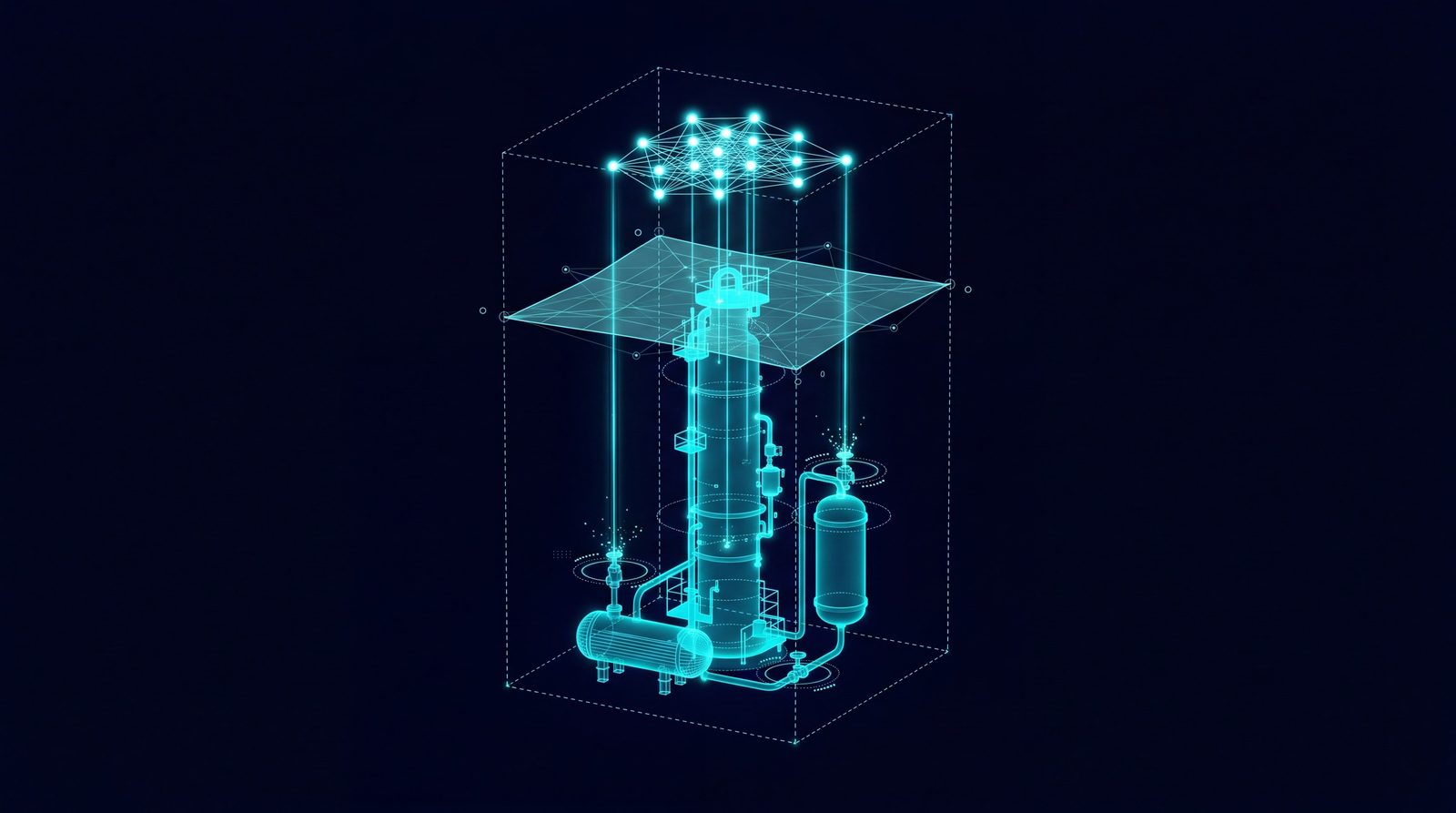 A process unit with its control layers and a learned controller writing setpoints down to its valves