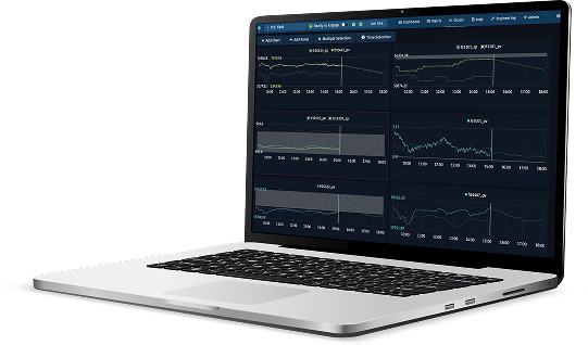 Imubit dashboard open on a laptop showing multiple timeline bar charts on a dark background